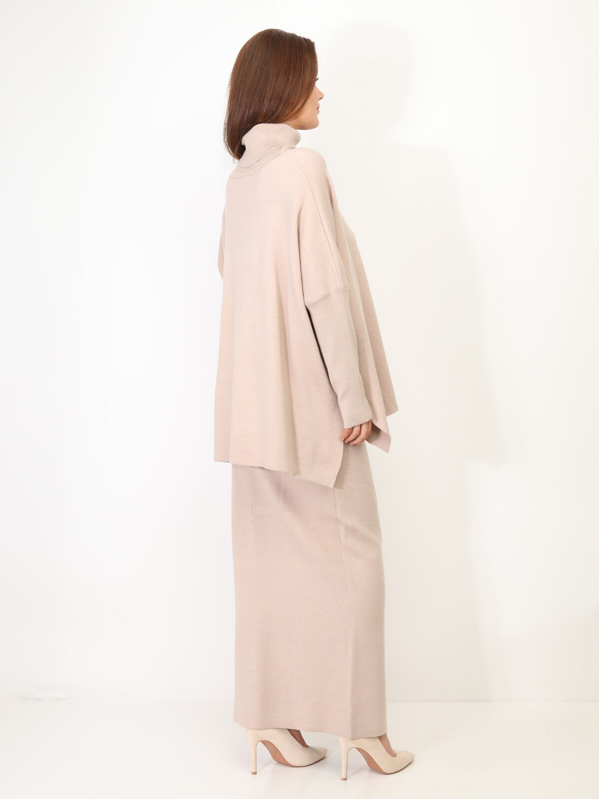 Ensemble maille jupe longue et col roulé- Beige