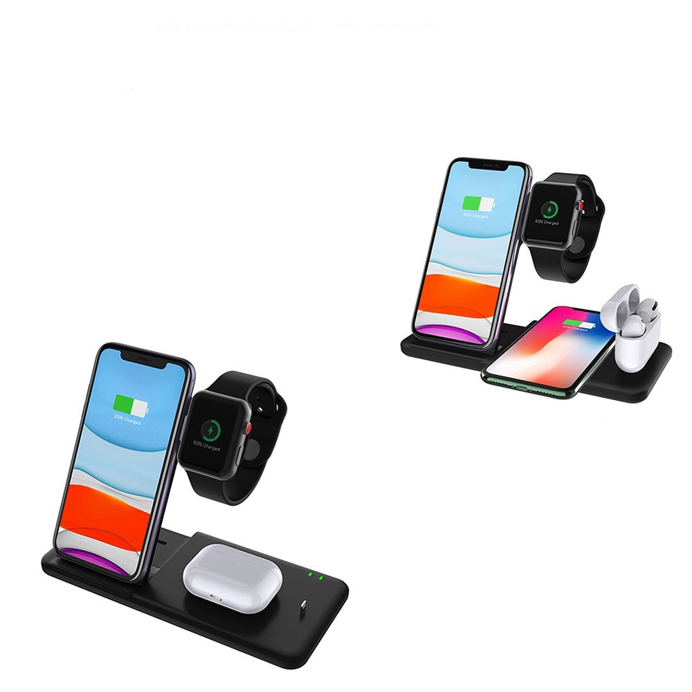(15W) 4in1 Ladegerät Qi Wireless Charger Faltbarer Ladeständer für Apple Watch / Smartphone / AirPods - Schwarz