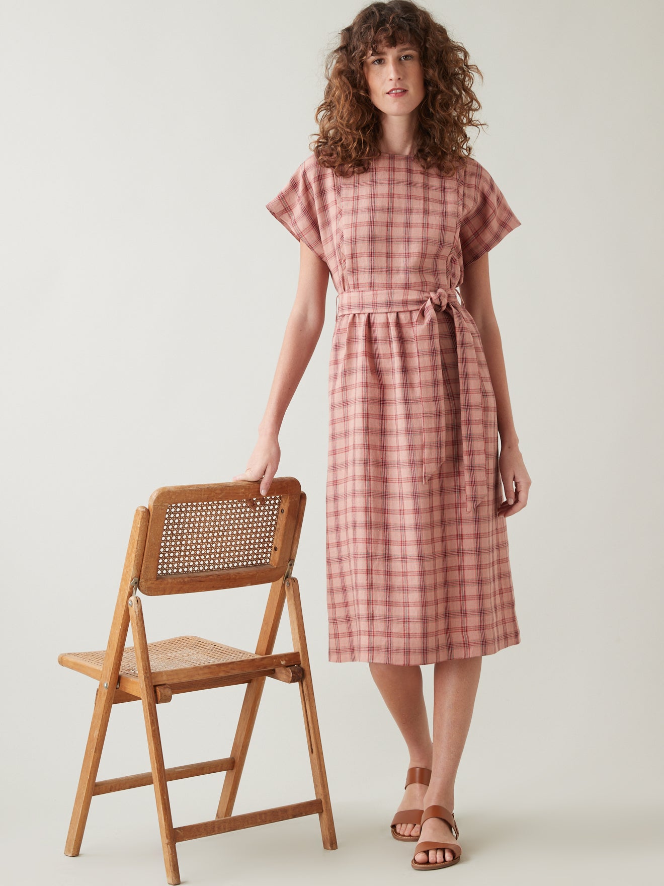 Robe mi-longue carreaux en lin femme