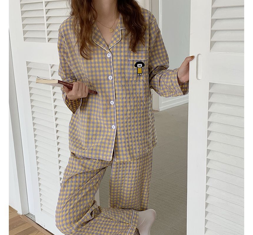 Siensien - Pyjamaset: geruite top met lange mouwen + broek + hoofdband
