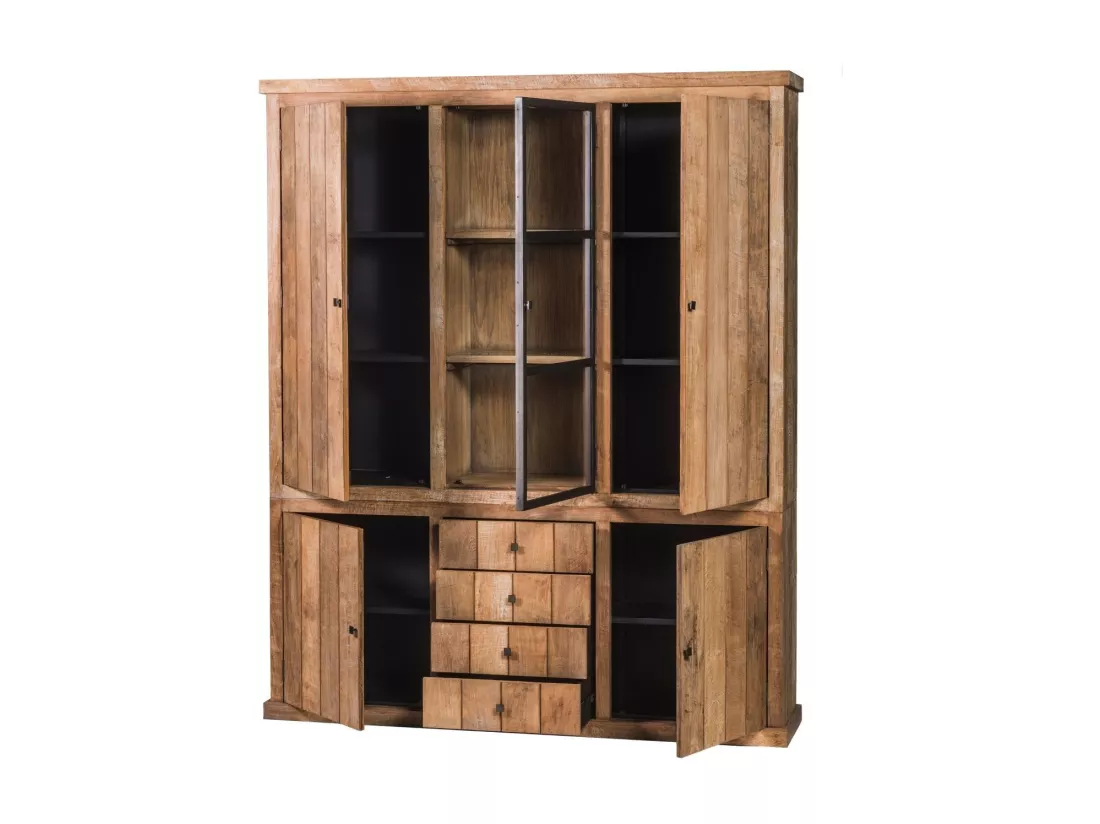 Buffet vaisselier en bois recyclé 3 portes 4 tiroirs éclairage LED - LINAS