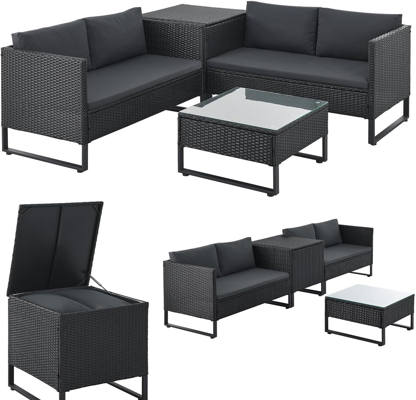 Juskys Outdoor Polyrattan Lounge Santorini - Gartenlounge mit Beistelltisch & Auflagenbox - Gartenmöbel Set Rattan Sitzecke wetterfest - Schwarz