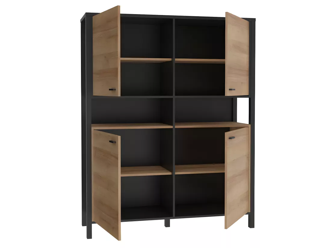 Vaisselier 121 cm 4 portes 2 niches décor bois de chêne et noir - MODE