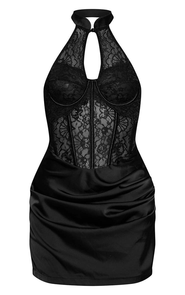 Noir Robe Mini Corset En Dentelle Avec Découpe Et Drapé Satiné