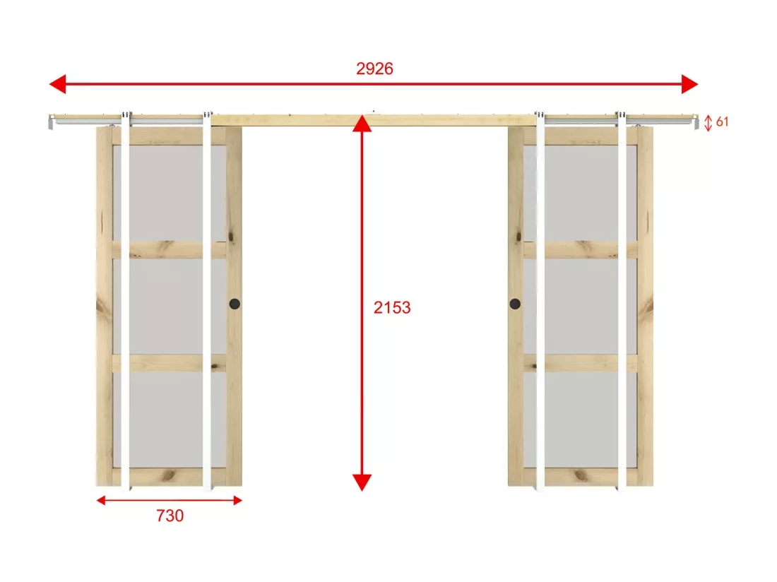 Porte coulissante double avec système à galandage en bois et verre trempé dépoli - 3 fenêtres - 2 x H205 x L73 cm - ACOSTA II
