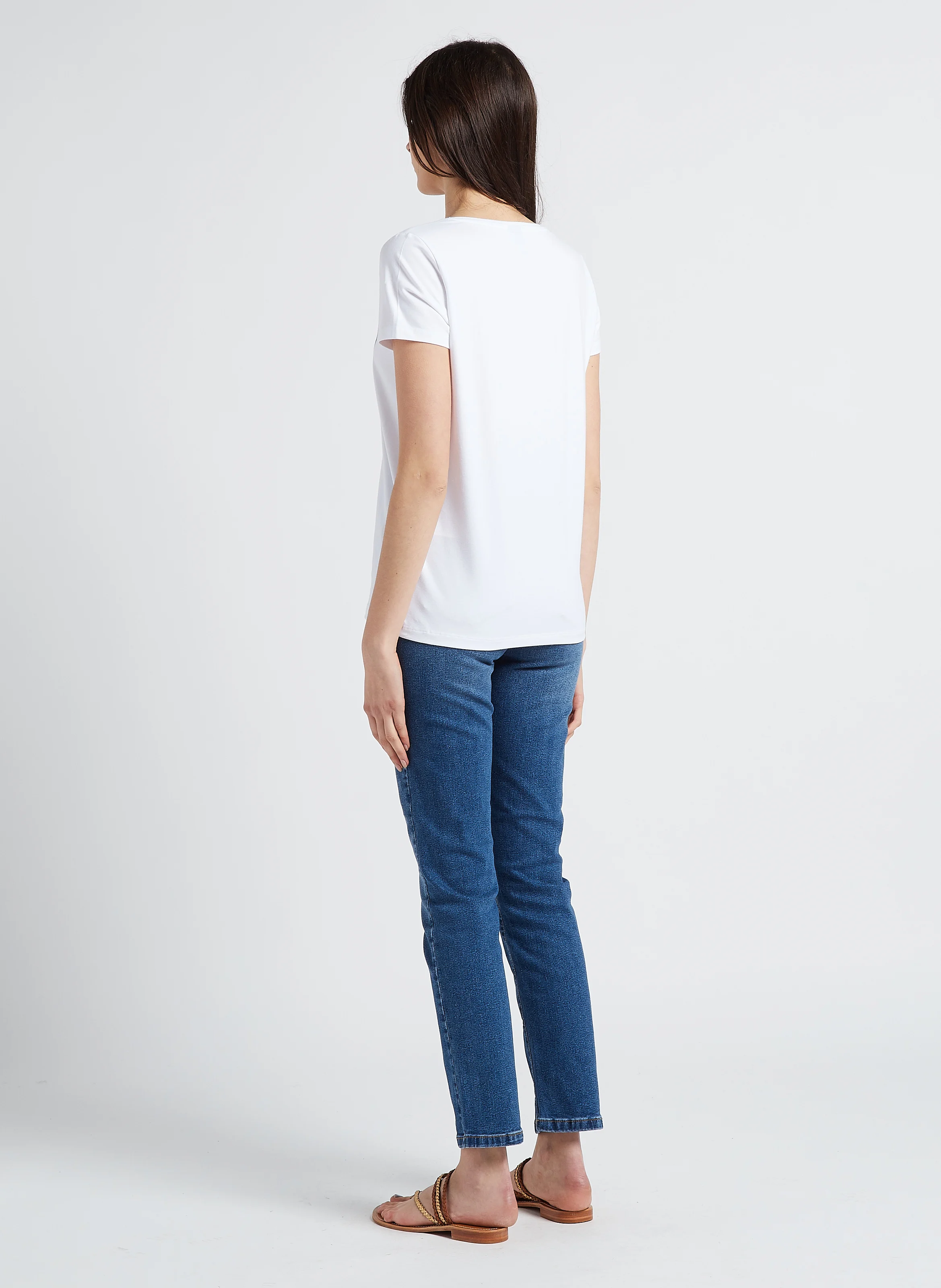 Jean droit taille mi-haute en denim de coton| Bleu