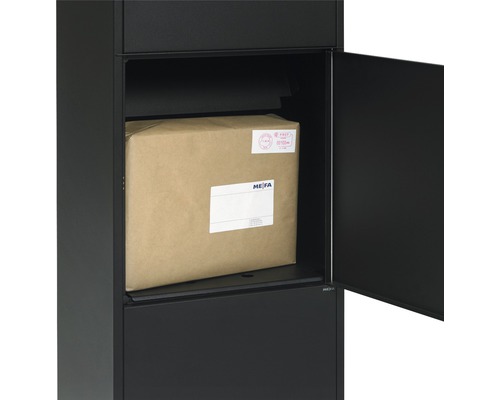 MEFA pakketbrievenbus, gegalvaniseerd staal, BxHxD 421/1010/344 mm, Eiken 480, gitzwart RAL 9005, structuurlak, toegang aan de voorzijde