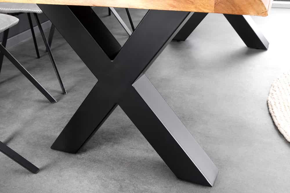 Massivholz Esstisch MAMMUT 200cm Akazie X-Gestell schwarz Metall Baumkante 5cm Tischplatte