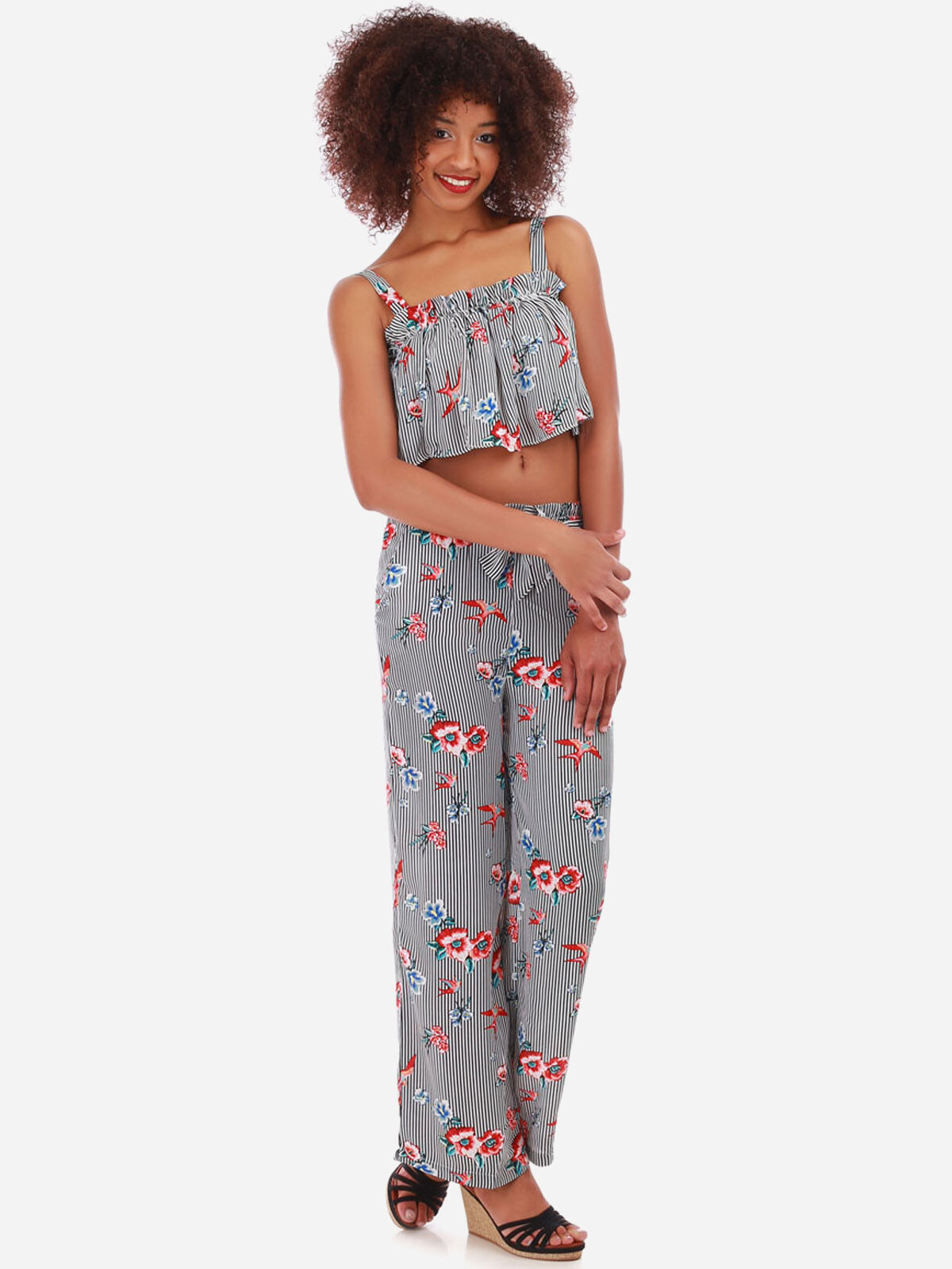Crop top rayé à volants et fleurs- Noir