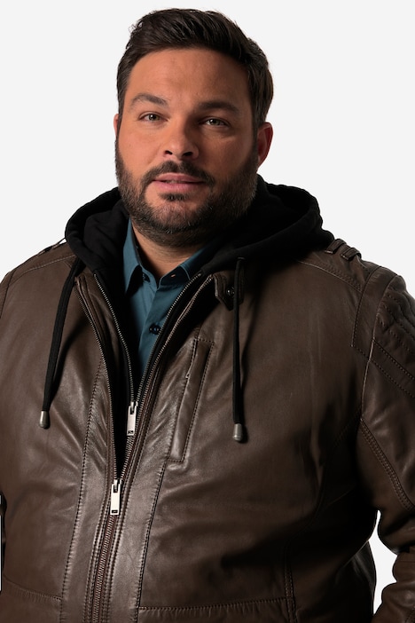 Men+ Lederjacke, Leder, Jersey-Kapuze, Zipper, bis 7 XL