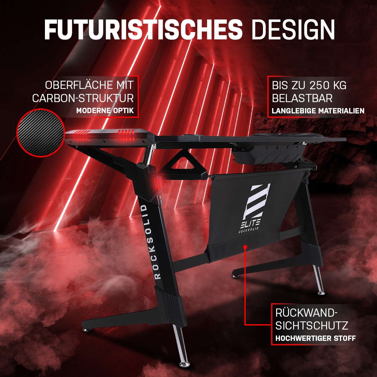 Elite Gaming-Tisch ROCKSOLID, Gamer-Schreibtisch, Carbon, LED-Beleuchtung, Kabel- und Headset-Halter (Schwarz)