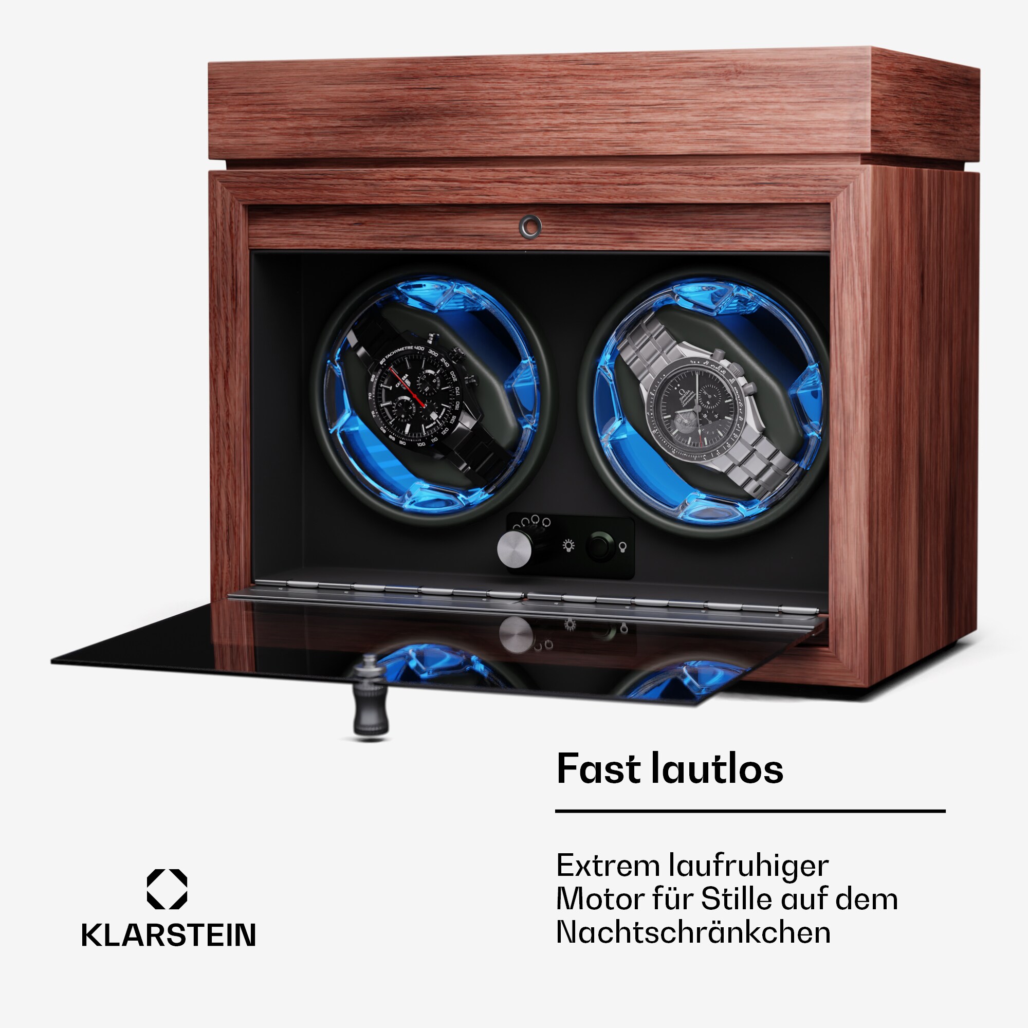 Brienz 2 Uhrenbeweger, 2 Uhren, 4 Modi, Holz-Optik, blaue Innenbeleuchtung, Schmuckfach Walnuss
