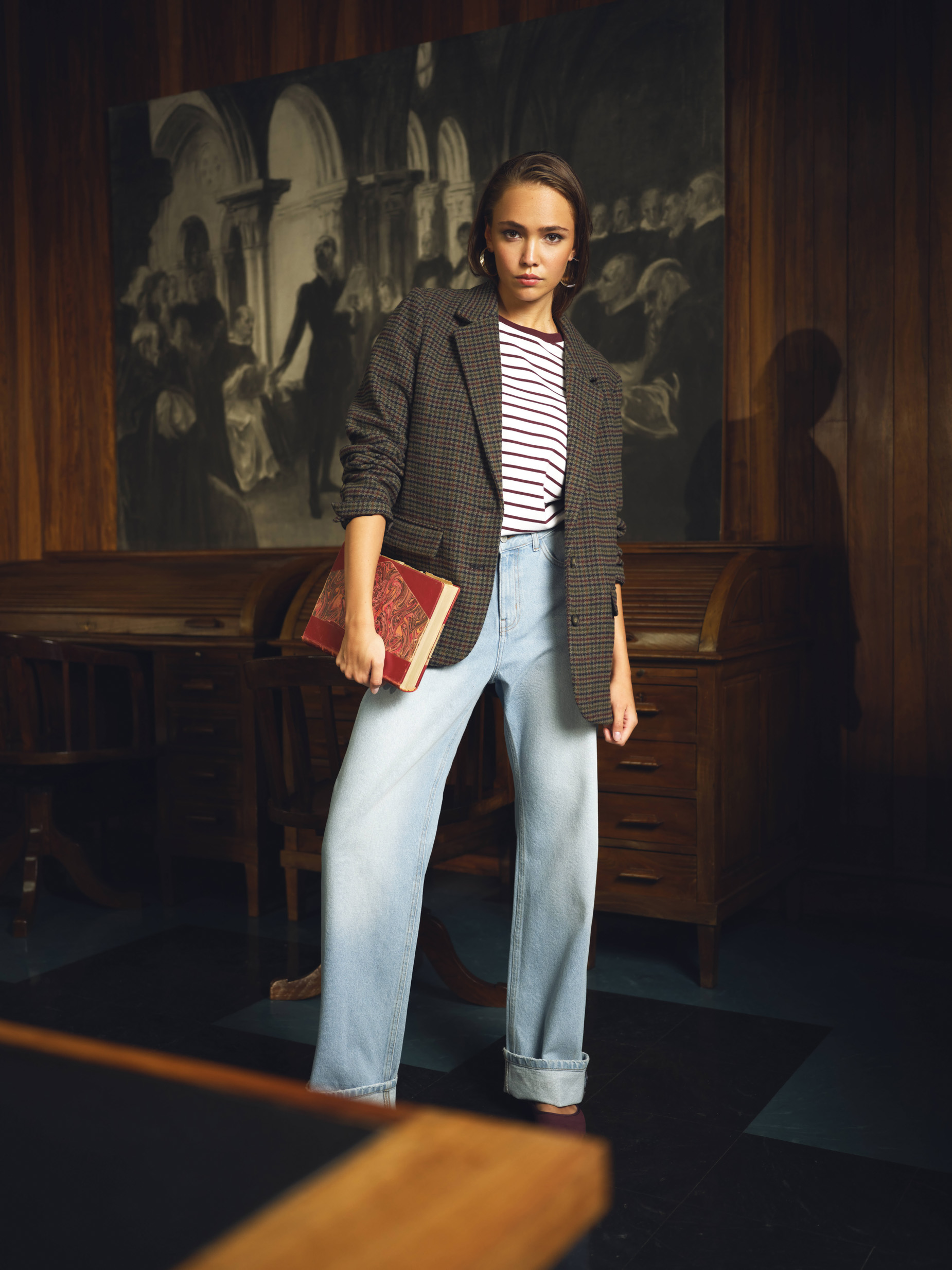 Blazer Xadrez, Mulher, Cinzento