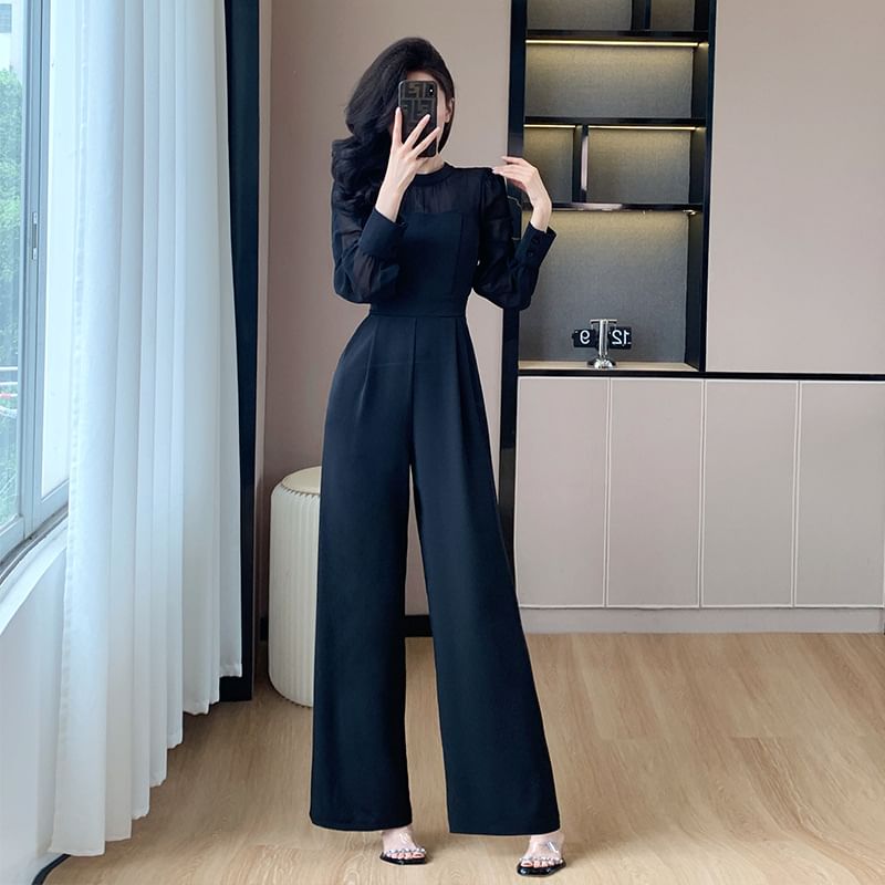 Yilda - Jumpsuit met lange mouwen, ronde hals en wijde pijpen, tweekleurig
