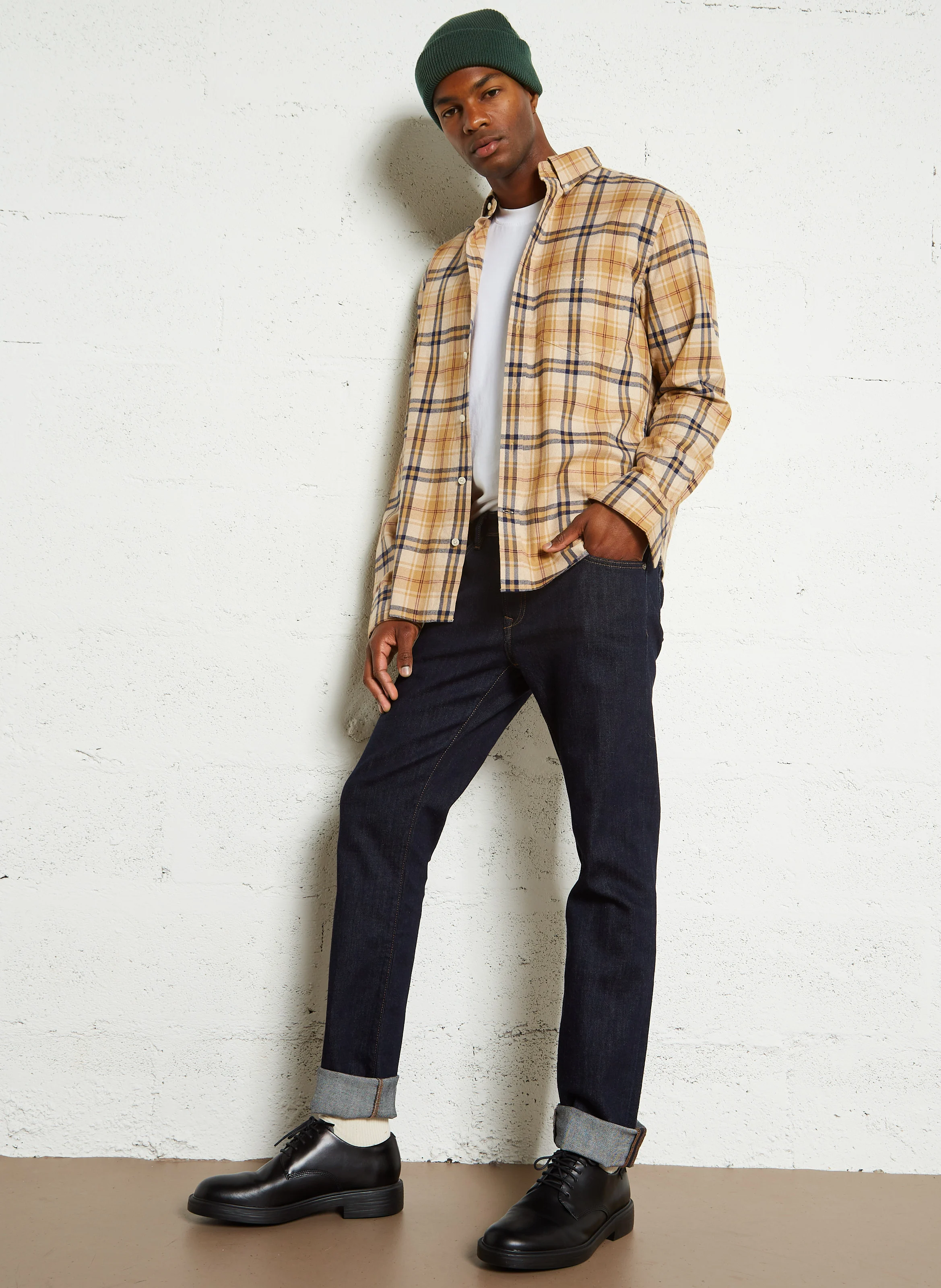 Chemise col classique à carreaux en coton| Marron