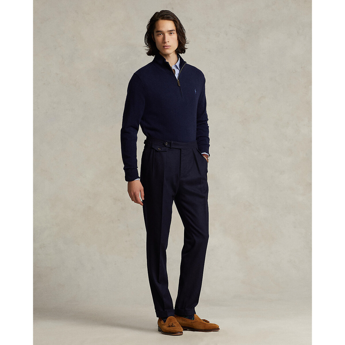 POLO RALPH LAUREN<br>Suéter de lã, meio zíper, bordado Pony Player