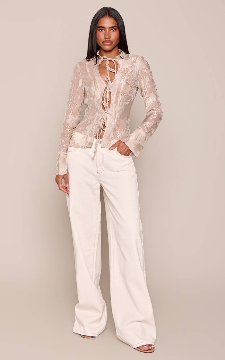 Beige Chemise En Mousseline Florale À Nouer Sur Le Devant