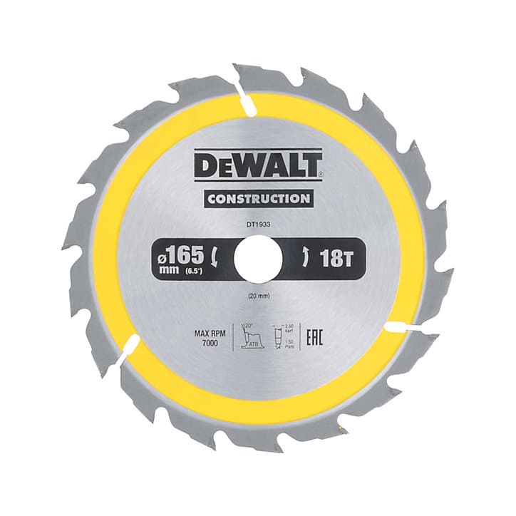 Lame scie circulaire construction TCT 165 x20 18T DEWALT