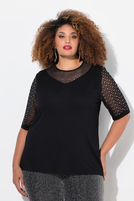 T-Shirt, Classic Fit, Mesh mit Pailletten, Jersey-Unterlage