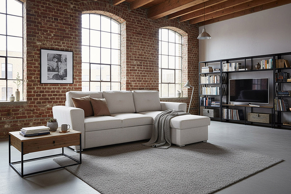 Schlafecksofa APARTMENT 245cm beige Strukturstoff inkl. Stauraum beidseitig aufbaubar
