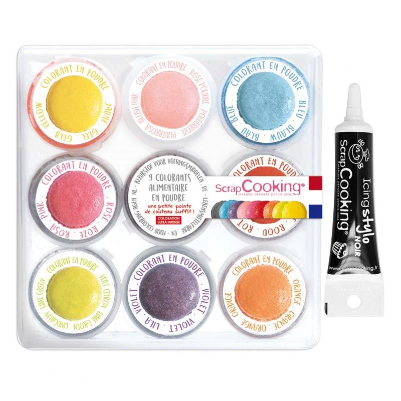 9 mini colorants alimentaires en poudre + Stylo de glaçage noir Scrapc