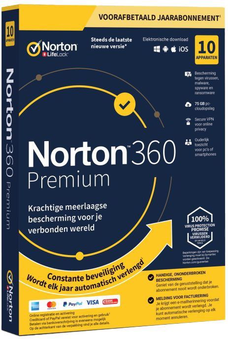 Norton 360 Premium - Antivirus - 10 Apparaten - 75 GB Cloud Back-up