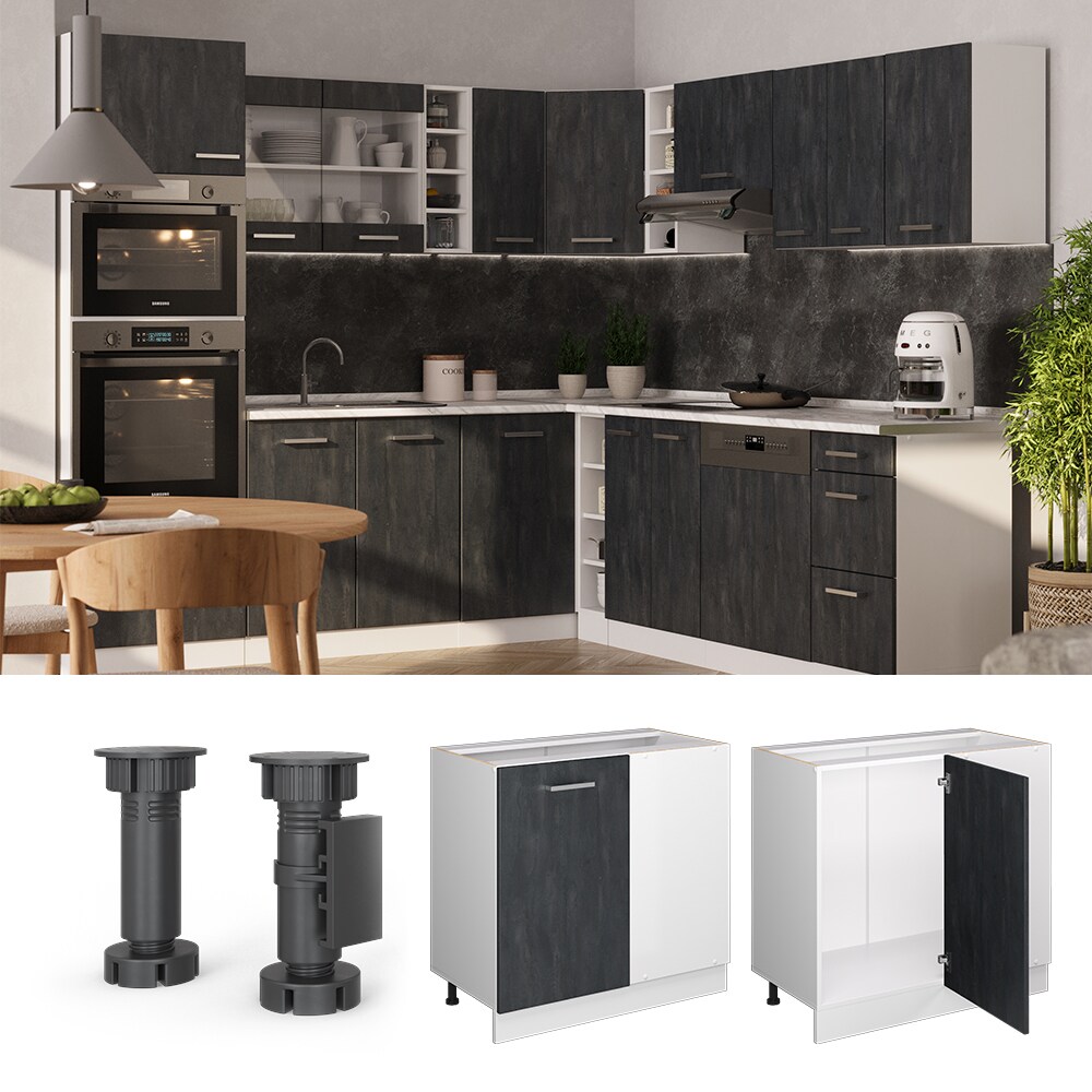 Vicco Eckunterschrank R-Line Schwarz Beton Weiß 86 cm mit Arbeitsplatte Weiß-Marmor