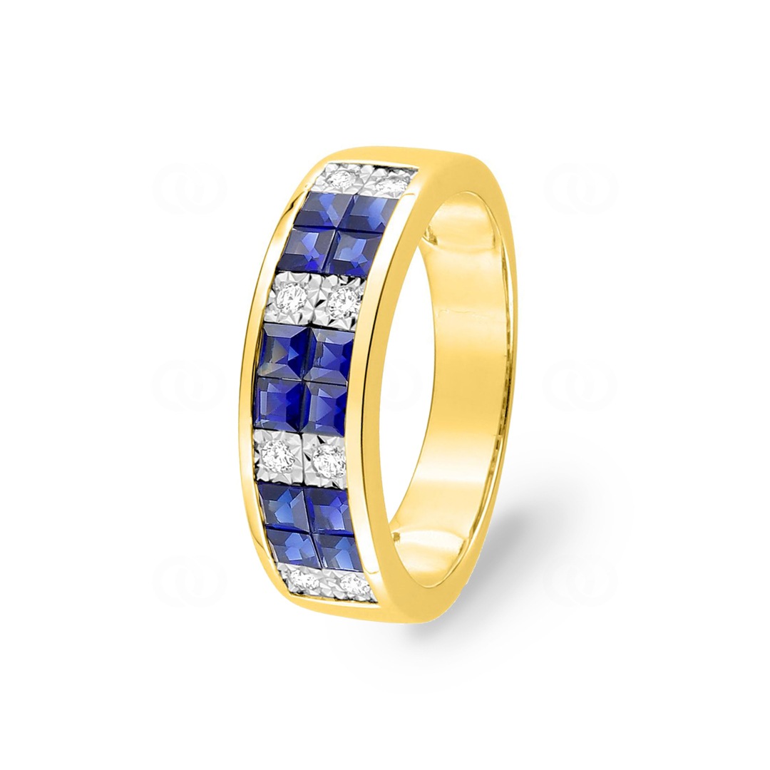 Damenring 750/18 K Gelbgold mit Saphiren carrée und Diamanten 0.12ct.