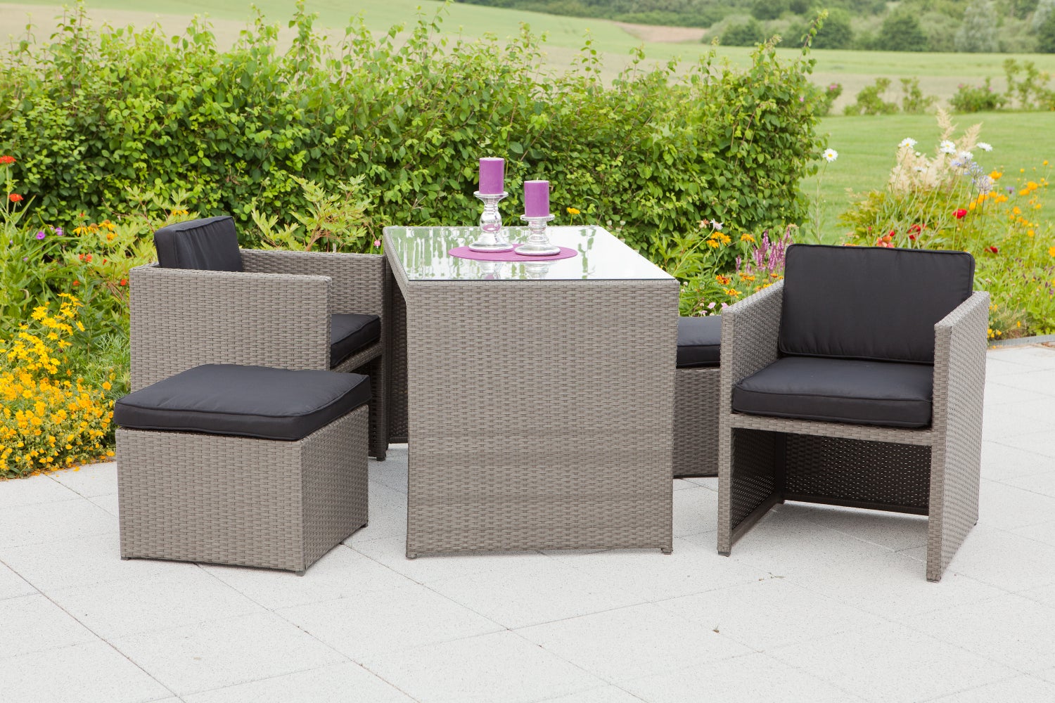 Tuinmeubelset Merano, 2 fauteuils, 2 krukken, 1 tafel, inclusief kussens, grijs