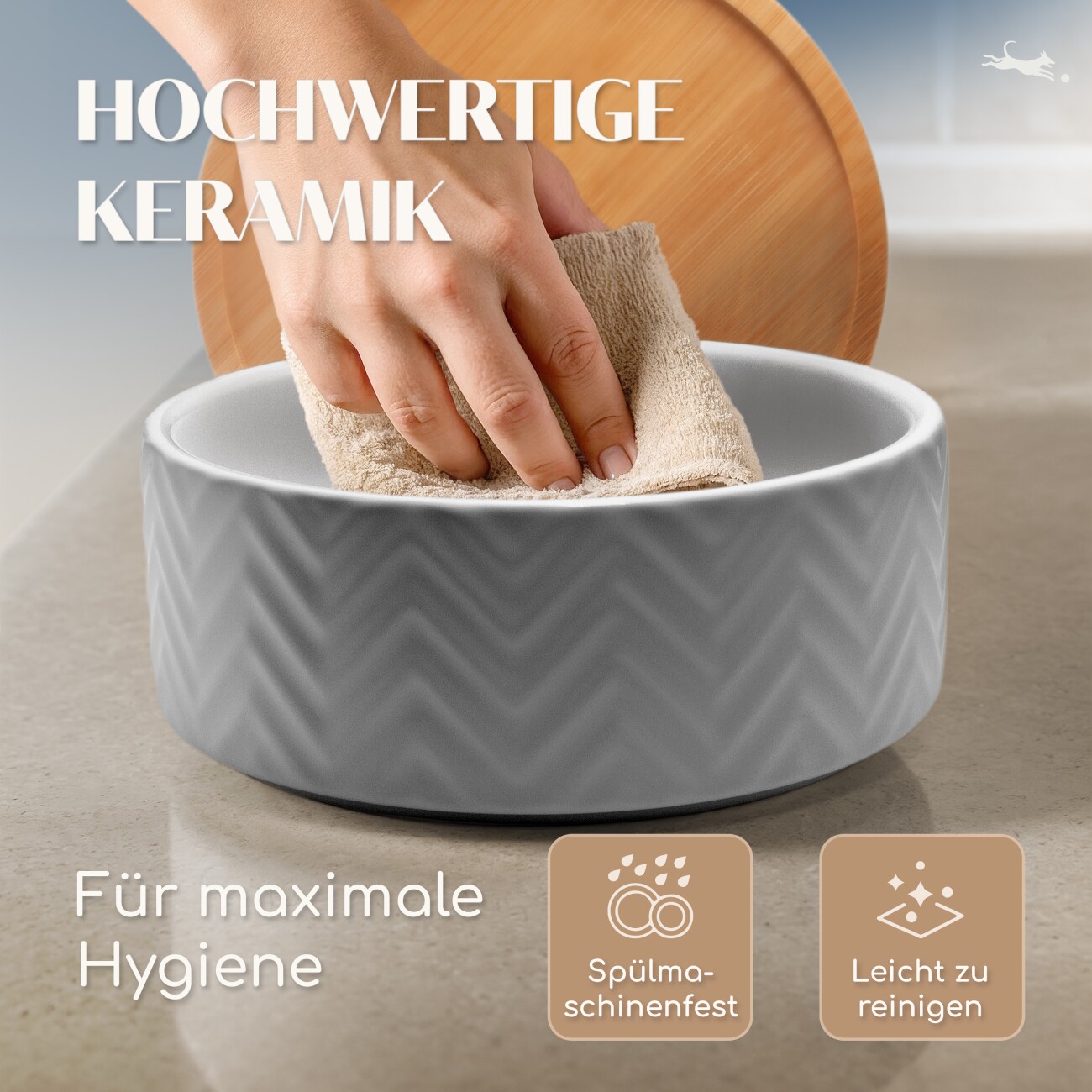 Freudentier Hundenapf aus Keramik mit Bambus-Boden - 990ml Fassungsvermögen grau