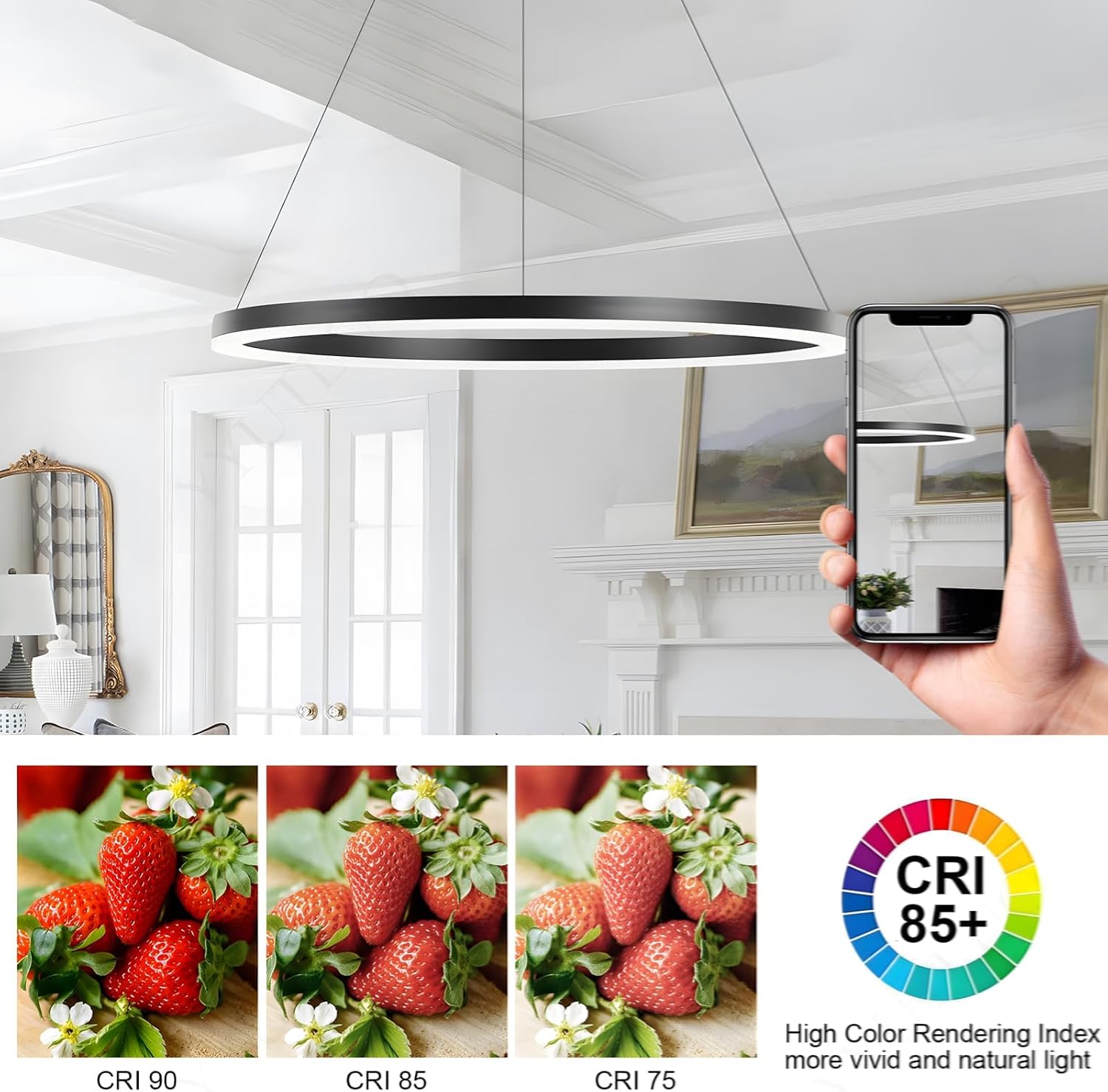 Moderner DIY-Kreis-LED-Kronleuchter | 1 Schwarz Ringe:80cm=35W | LED-Pendelleuchte aus Metall+Acryl | 2,4 G Dimmbare Fernbedienung | Runde Decken-Hängelampe Wohnzimmer Schlafzimmer