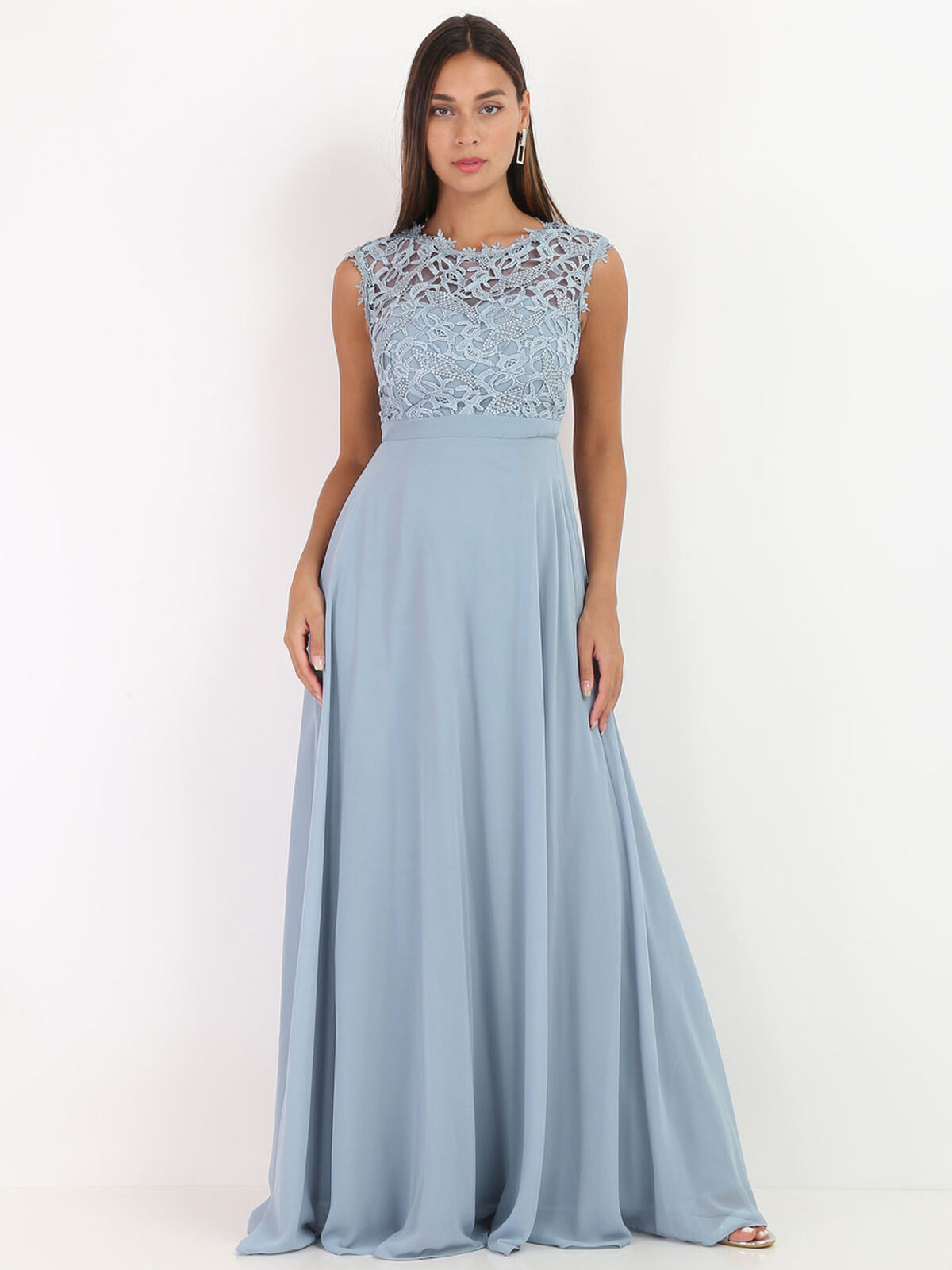Robe longue à dentelle grandes tailles- Bleu givré
