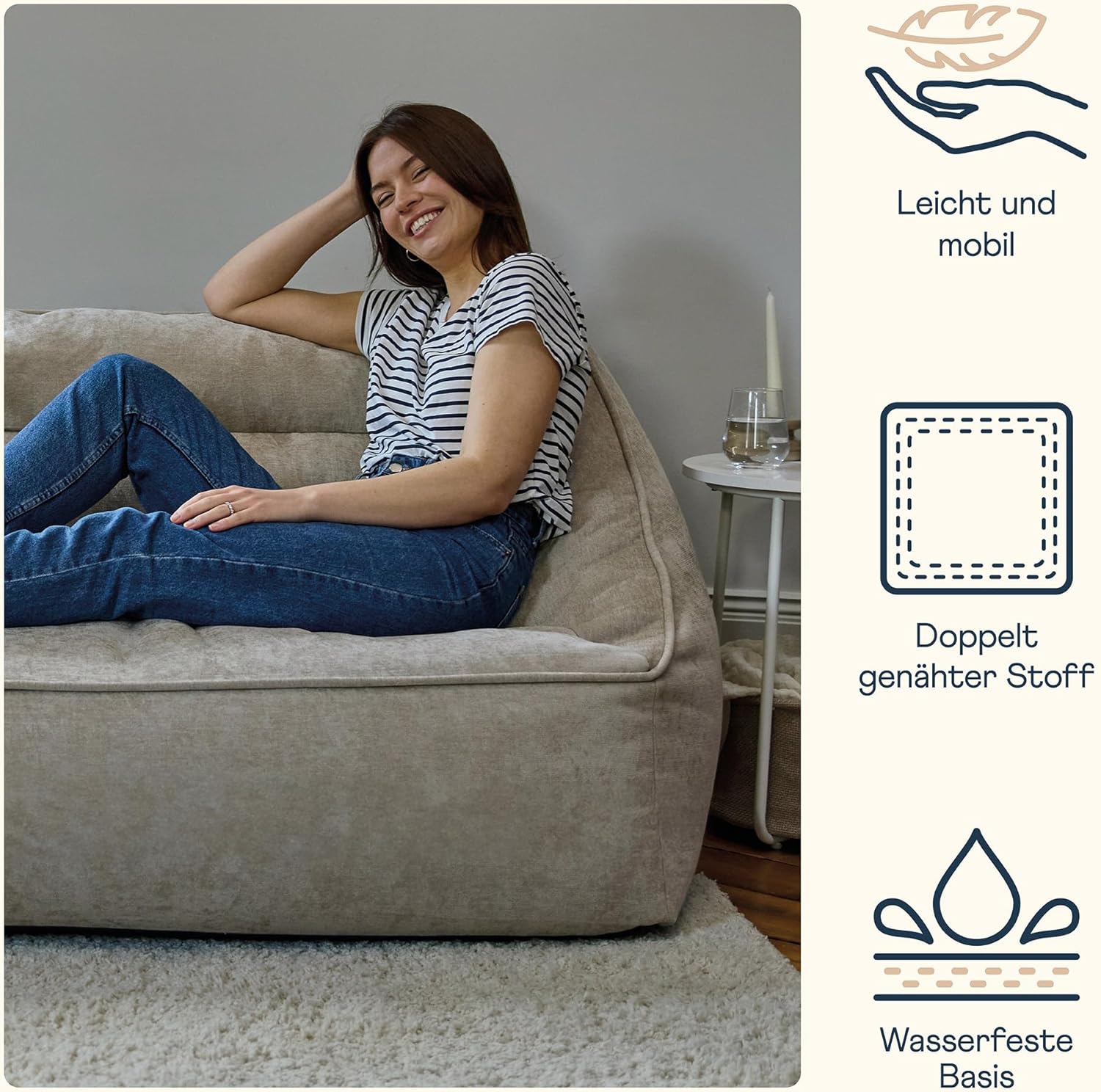 Icon Cecilia Sitzsack Sofa, Beige, Flauschiger Chenille Stoff, 2 Sitzer Sofa für Erwachsene, Riesensitzsack mit Füllung, Bequemer Sessel, Lounge, Wohnzimmer, Deko Wohnzimmer