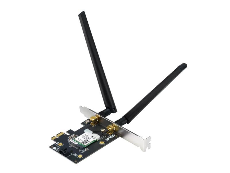 ASUS WLAN-AX PCIe Adapter PCE-AXE5400 WiFi-6E WiFi 6E PCI-E Adapter mit 2 externen Antennen. Unterstützt 6GHz Band, 160MHz, Bluetooth 5.2, WPA3 Netzwerksicherheit, OFDMA und MU-MIMO
