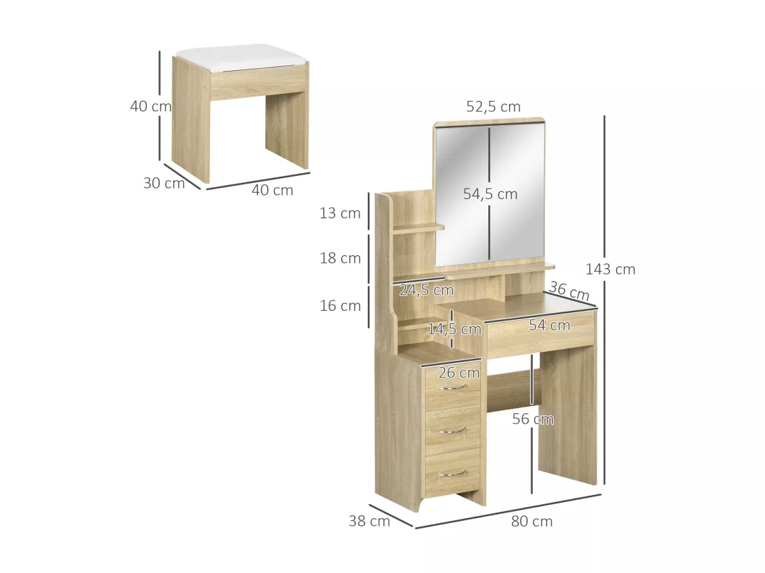 Ensemble coiffeuse tabouret design contemporain multi-rangement 4 tiroirs 4 étagères grand miroir aspect chêne clair blanc