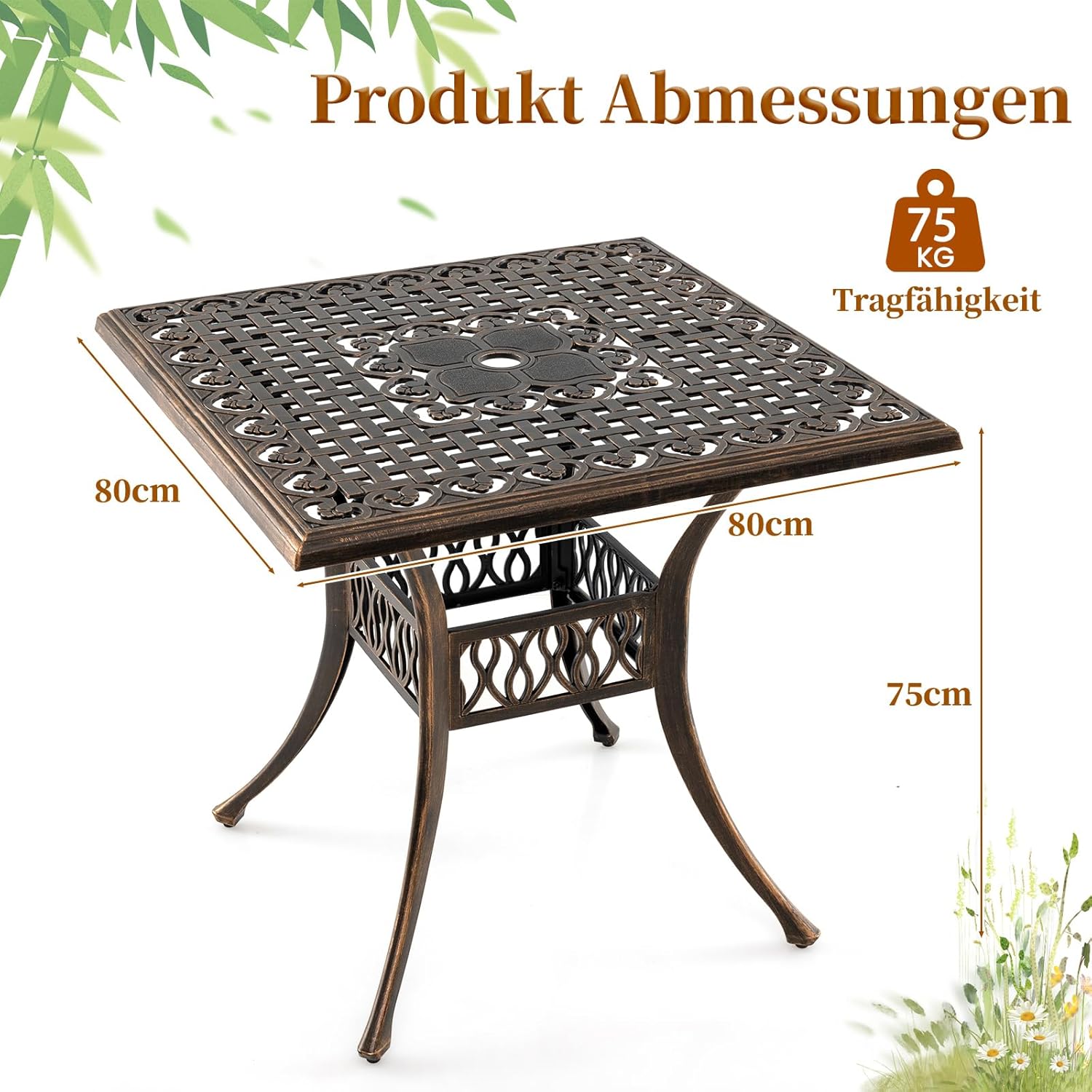 COSTWAY Gartentisch mit Schirmloch, 80x80x75cm, quadratischer Balkontisch aus Aluminiumguss, wetterfester Terrassentisch für 4 Personen, Outdoor-Esstisch für Garten