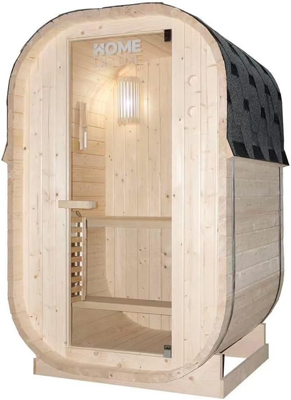 Home Deluxe Outdoor Sauna Cube S - Maße: ca. 194 cm x 120 cm, Holz: Fichtenholz - inkl. Saunaofen und Saunazubehör I Gartensauna, Außensauna, Sauna Fass für 2 Personen