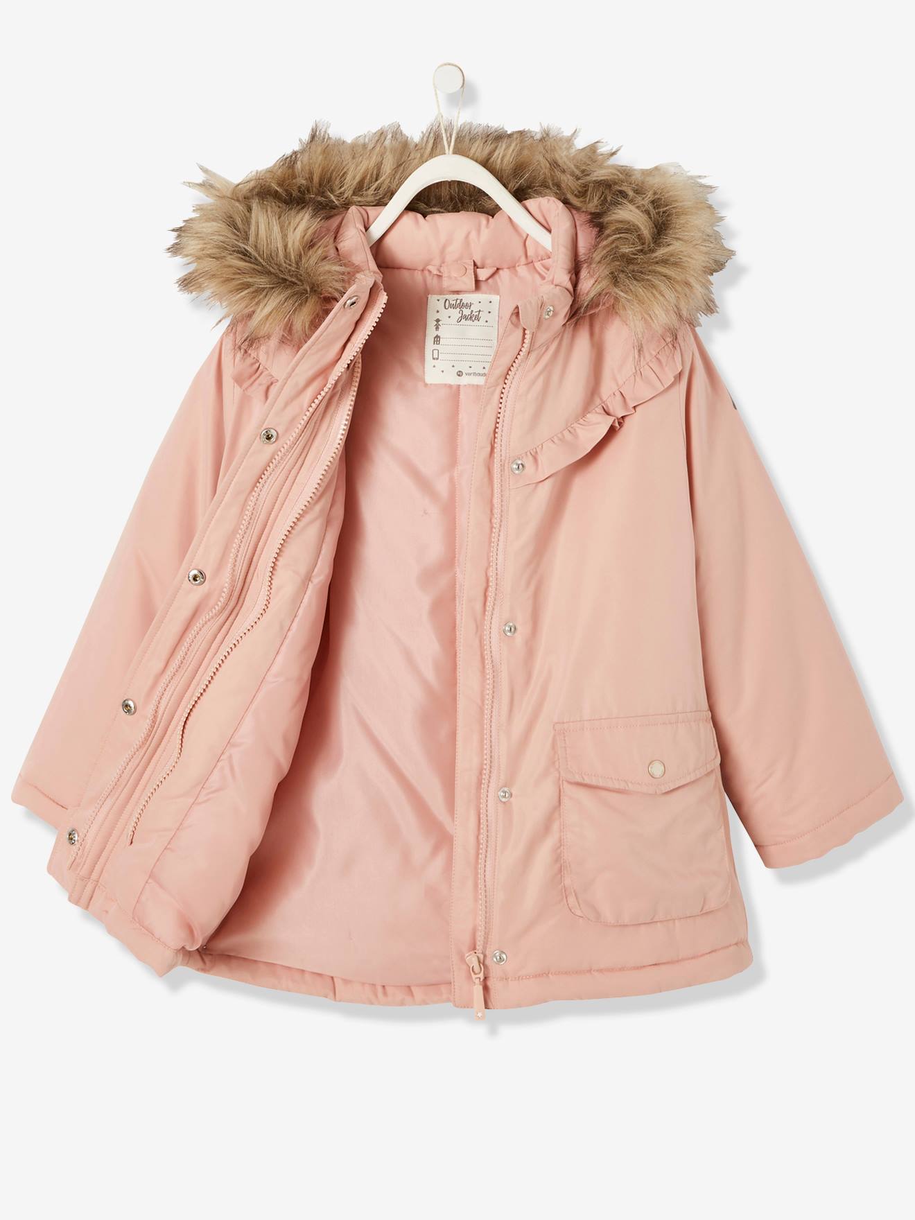 Parka com capuz 3 em 1, jaqueta acolchoada e enchimento de poliéster reciclado, para meninas, rosa escuro liso.