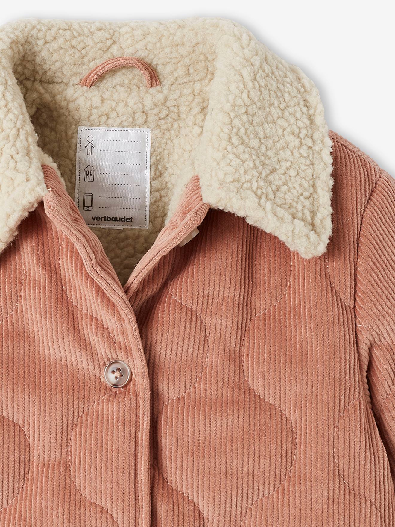 Jaqueta rosa de veludo cotelê acolchoada com forro de sherpa para meninas