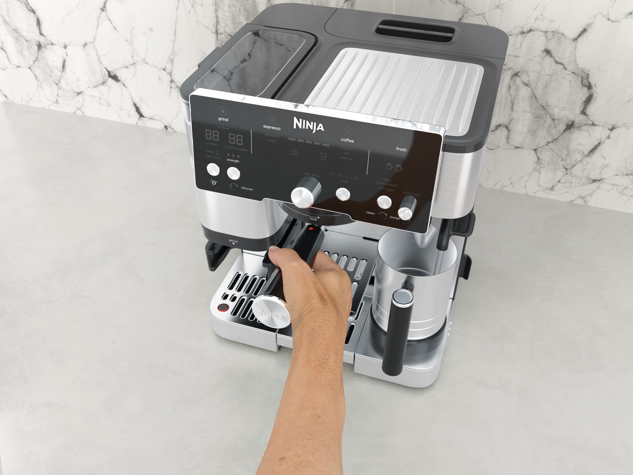 NINJA Machine à café Luxe Essential 2-en-1, Latte, Cappuccino et Espresso avec broyeur à grains et mousseur à lait intégrés, facile à utiliser, 2 prér