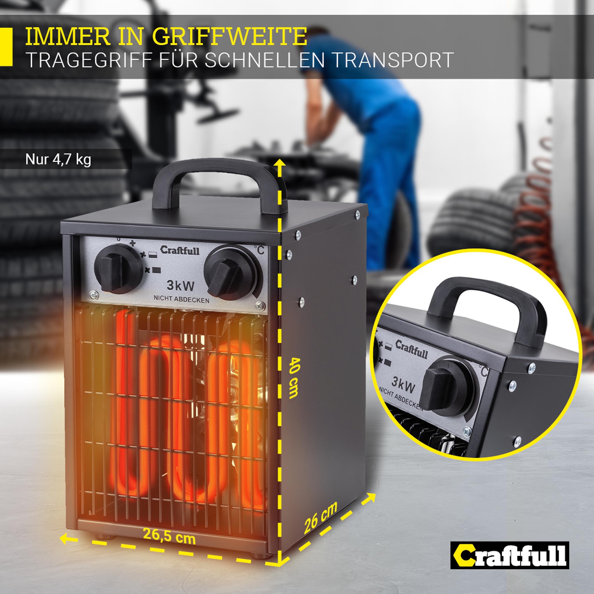Craftfull Elektro-Heizlüfter HL200, 2000/3000 Watt, Überhitzungsschutz, Thermostat, Griff, Stahl (3000 Watt)