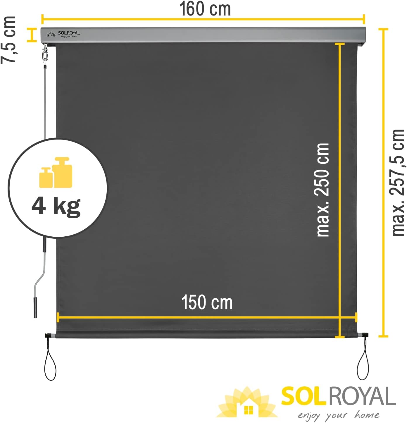 Sol Royal Senkrechtmarkise 160x250 cm MS5 Markise – Robuster Balkonsichtschutz Abnehmbare Handkurbel Wasserabweisender Sonnenschutz Terrasse Balkon Garten Wetterfeste Vertikalmarkise Anthrazit