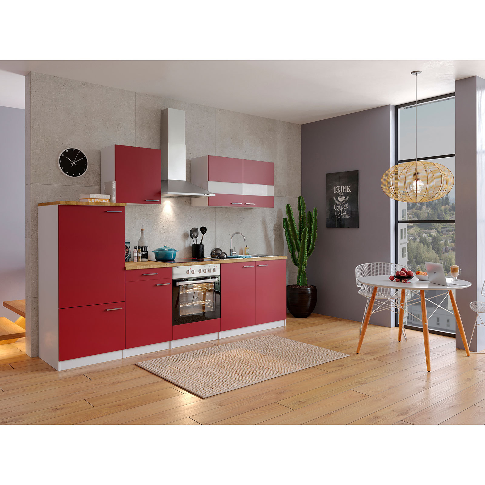 RESPEKTA Küchenblock - rot-weiß - mit E-Geräten - 270 cm