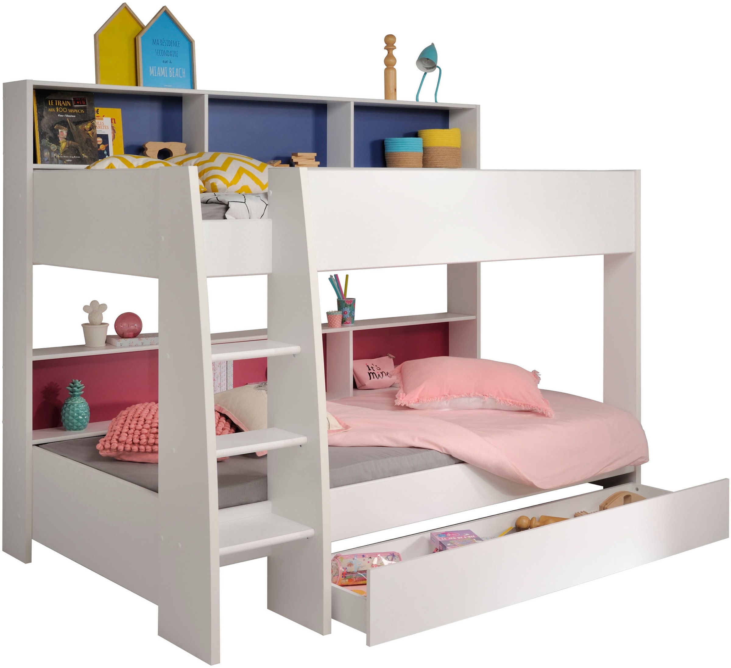 Parisot Etagenbett »Tam Tam, Stockbett, farbig hinterlegte Regale, mit Bettkasten« viel Stauraum, toll für kleine Räume, TOPSELLER!