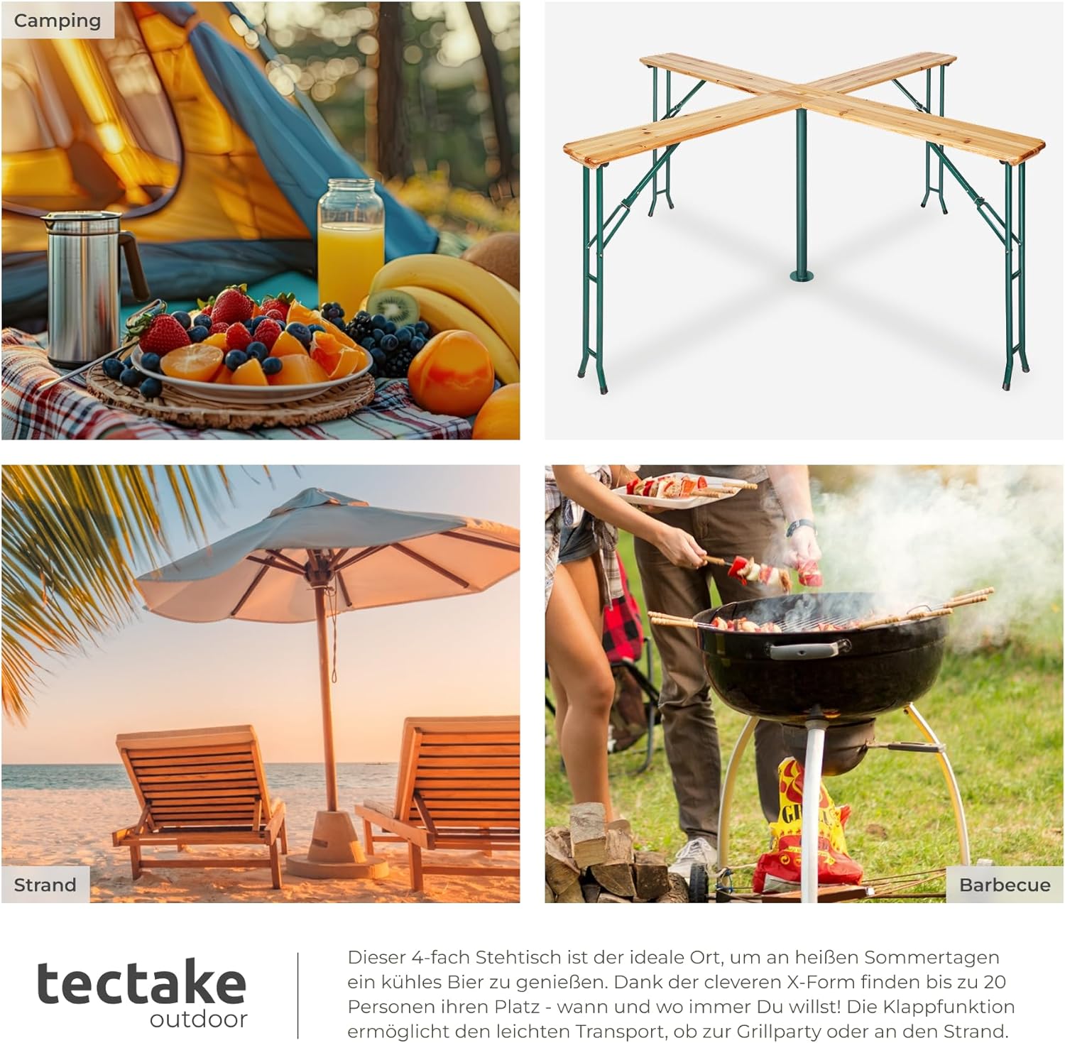 tectake® Stehtisch Quattro als Bierzeltgarnitur, XXL Biertisch aus Holz, klappbar, Outdoor Klapptisch mit Sonnenschirmhalterung, wetterbeständiger Gartentisch, Platz für 20 Personen, robust und stabil
