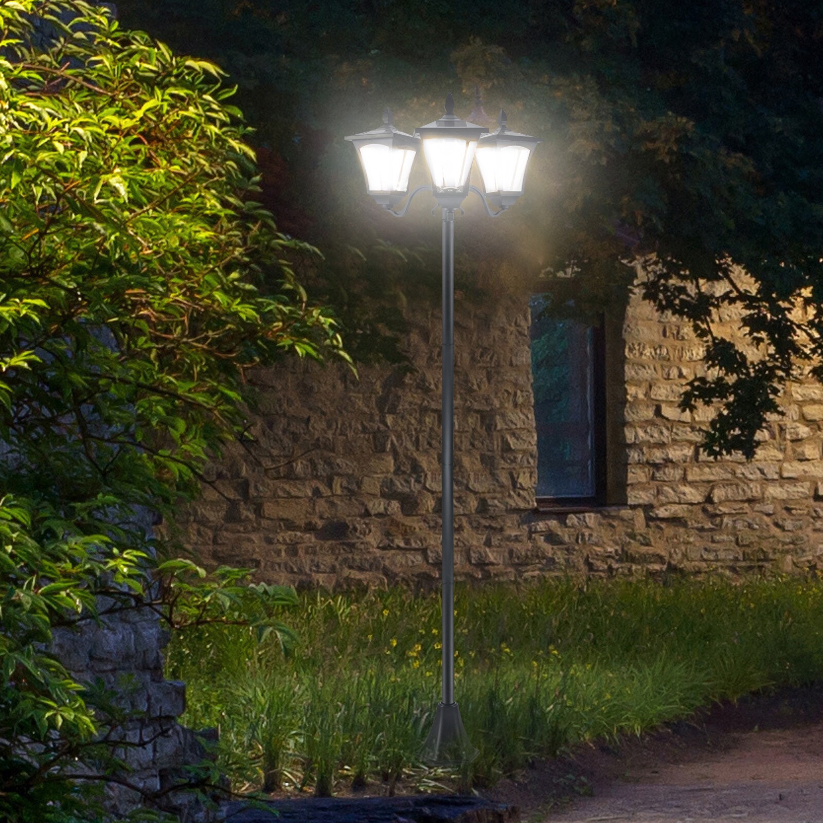 Outsunny Solar Gartenleuchte mit 3 Lampen schwarz 51,5L x 47B x 182,5H cm