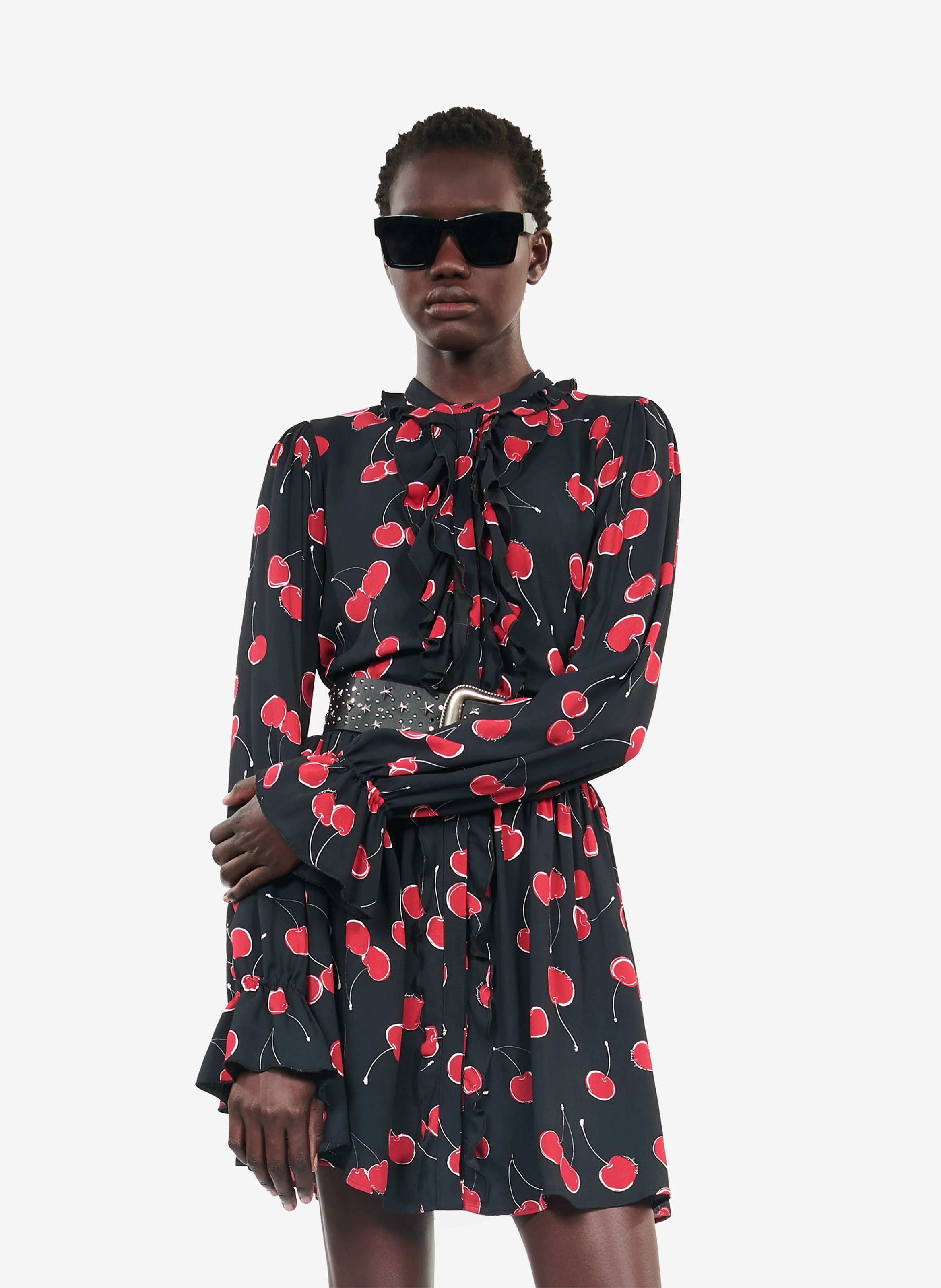 Robe courte col rond imprimé cerise | Noir