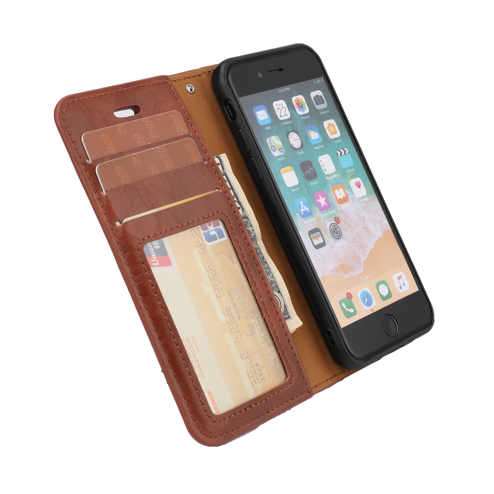 iPhone SE (2022/2020) / 8 / 7 Leder Tasche mit Kartenfächer   Magnetische Schutzhülle - Braun (Glanz)