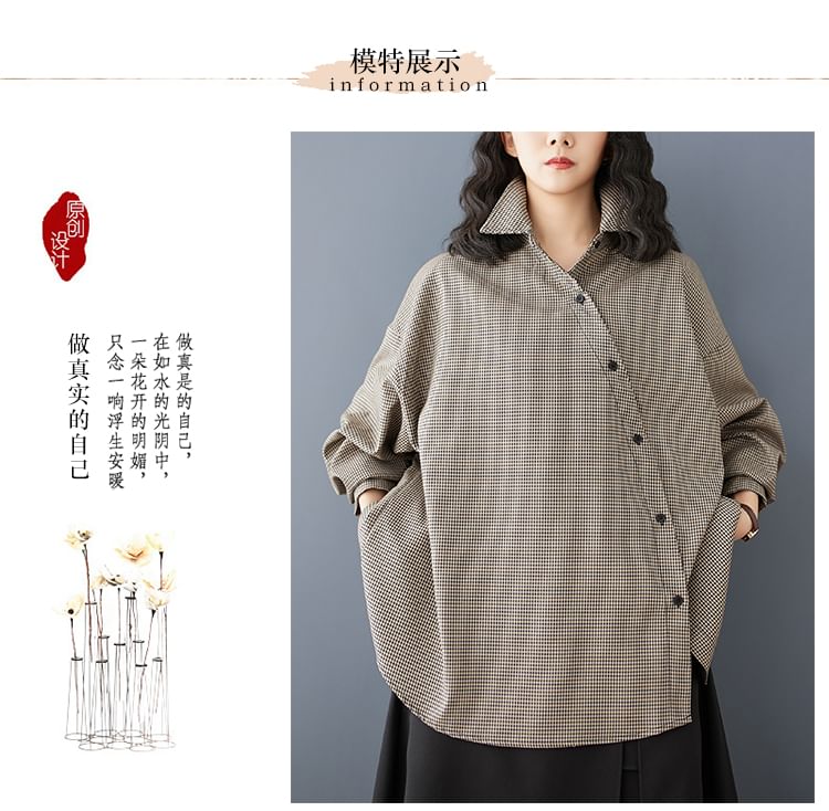 Taragon - Oversized overhemd met lange mouwen en asymmetrische ruit en knopen