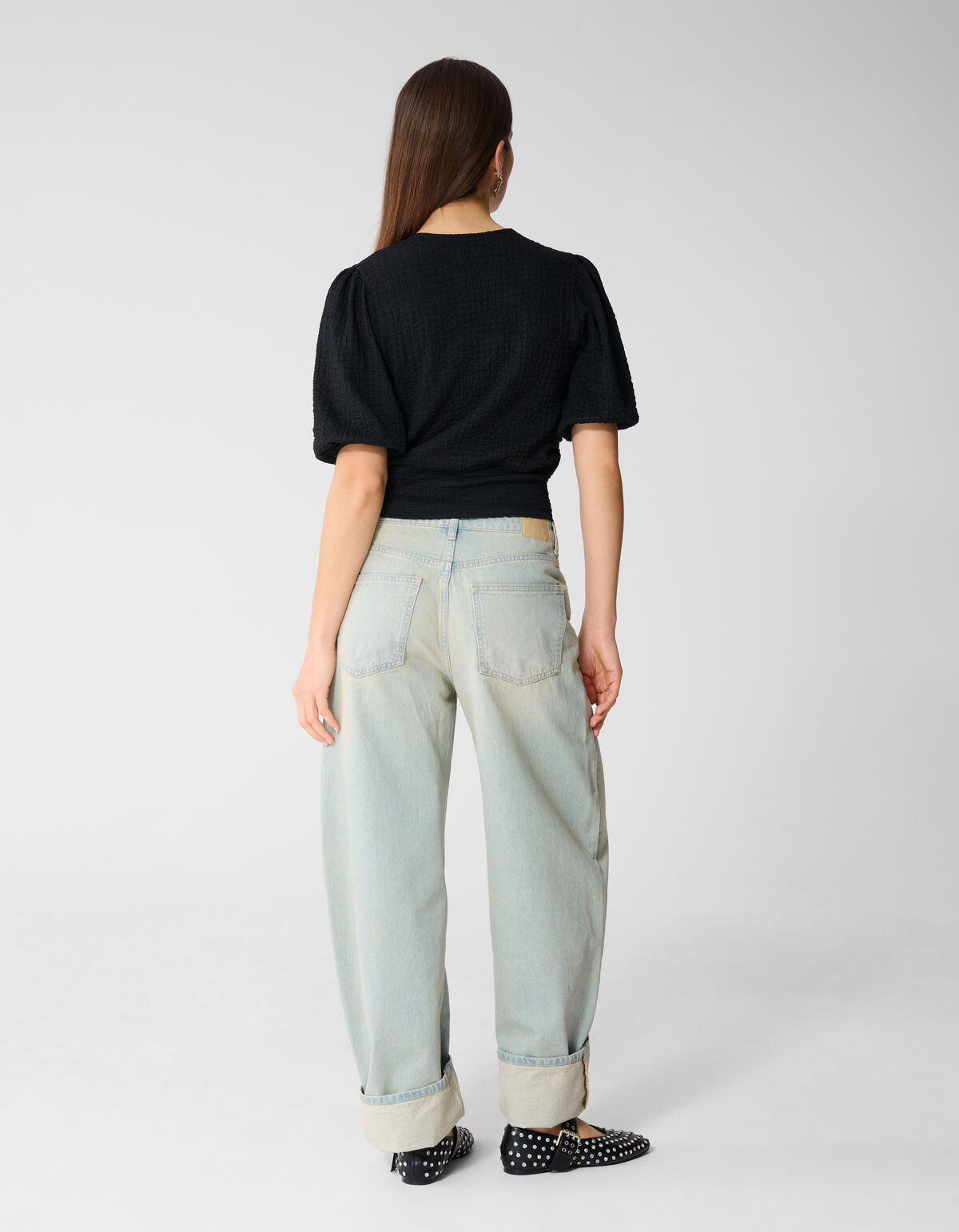 Crinkle V-Hals Top Zwart